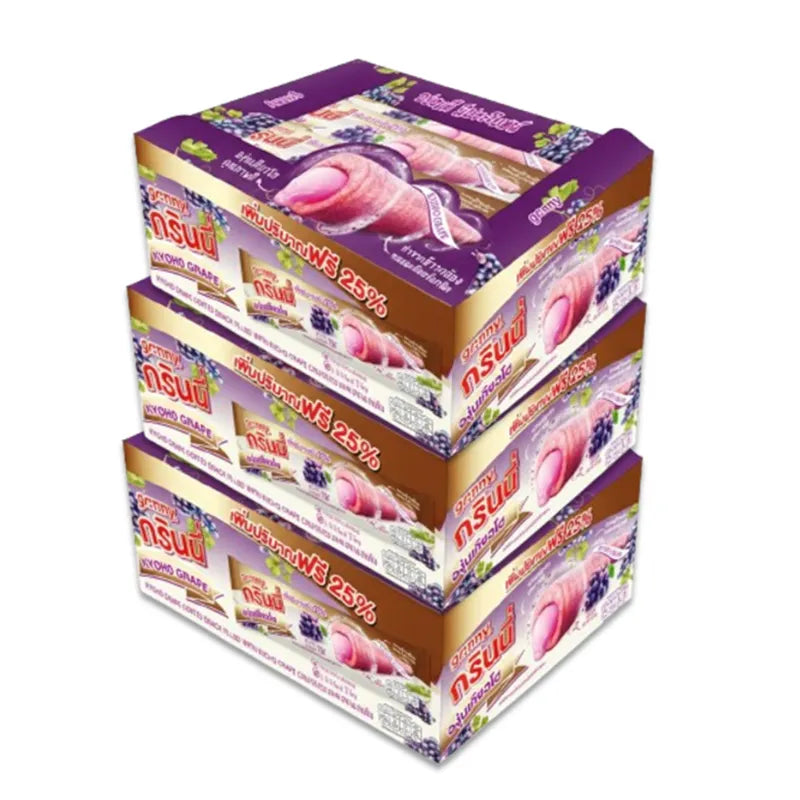 Grinny Kyoho grape-coated snack filled with cream, 15g x3, sweet confectionery snack in colorful packaging.