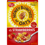 Bowl of Post Honey Bunches of Oats with Strawberries cereal in a white bowl, showing crispy oats and fresh strawberry slices.