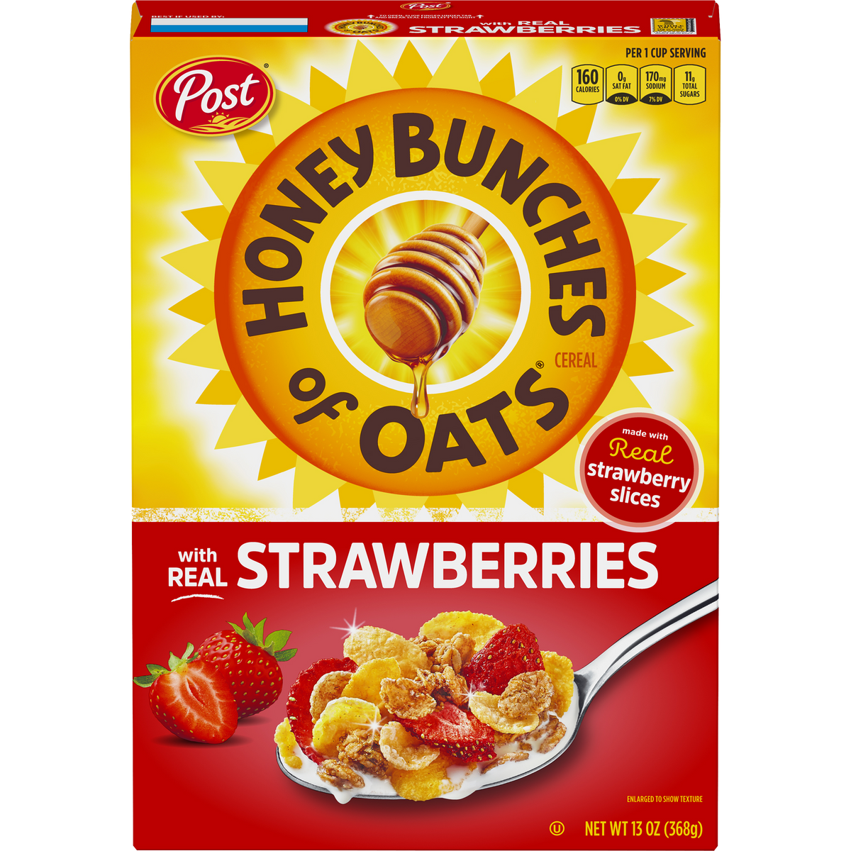 Bowl of Post Honey Bunches of Oats with Strawberries cereal in a white bowl, showing crispy oats and fresh strawberry slices.