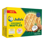 Julie's Coconut Waffles 100g, dry grocery snack with crispy coconut-flavored waffles, shown in a clear package.