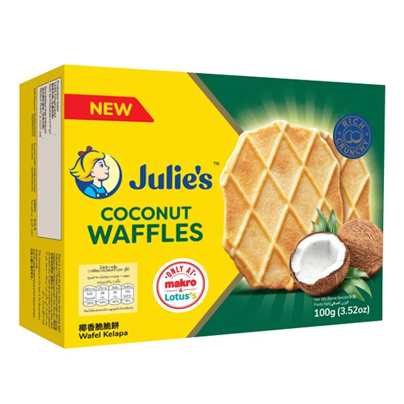 Julie's Coconut Waffles 100g, dry grocery snack with crispy coconut-flavored waffles, shown in a clear package.