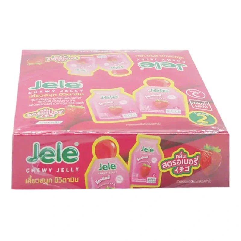 Jele Chewy Jelly Carrageenan Strawberry snack package showing bright red and pink strawberry-flavored chewy jelly candies in 18g pack