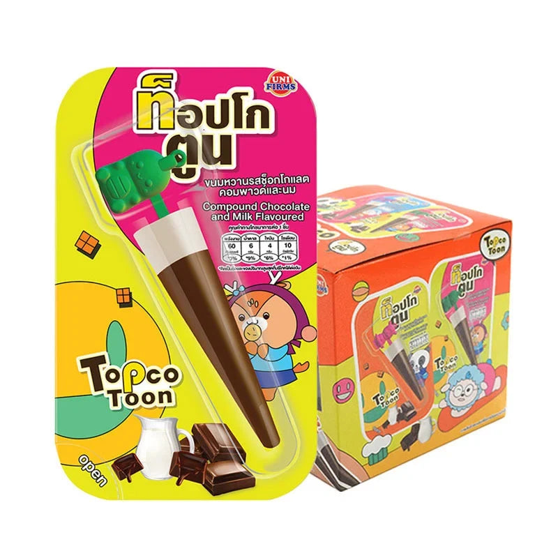 Topco Toon Chocolate Milk powder sachet, 10.5g dry grocery product with colorful cartoon design on packaging.