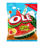 OLE Candy Watermelon, dry grocery snack with colorful watermelon-shaped confectionery pieces on a white background.