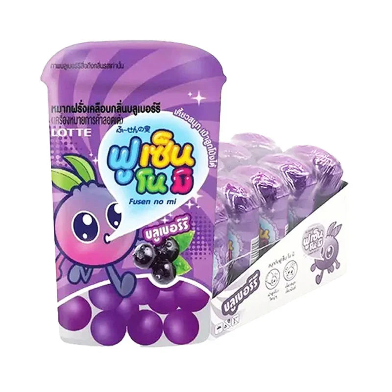 Lotte Gum Fusen Blueberry 15g snack pack showing colorful blueberry-flavored chewing gum pieces in a clear wrapper.