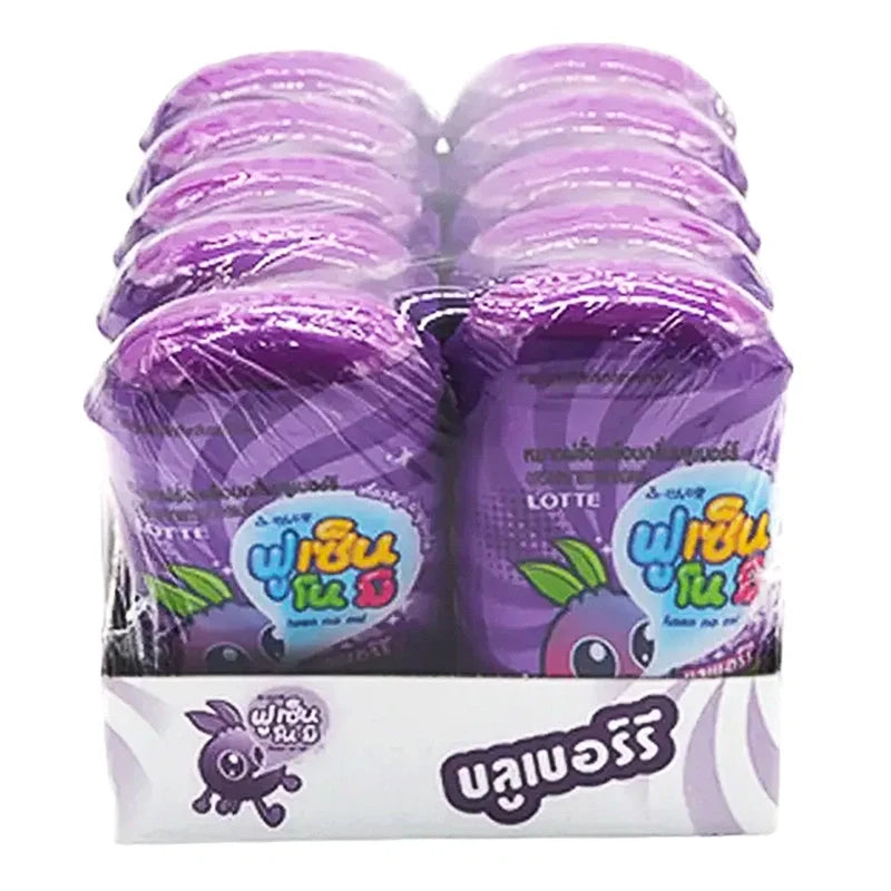 Lotte Gum Fusen Blueberry 15g pack, colorful confectionery snack with blueberry flavor, displayed in a row of ten packs.