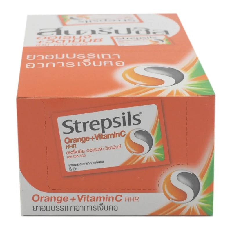 Strepsils Orange Vitamin C throat lozenges in blister pack, soothing dry throat relief, from STREPSILS, part of snacks and confectionery.