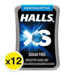 Halls XS Mentho-Lyptus lozenges in 12g packet, HALLS brand dry grocery snack with menthol and eucalyptus flavor.