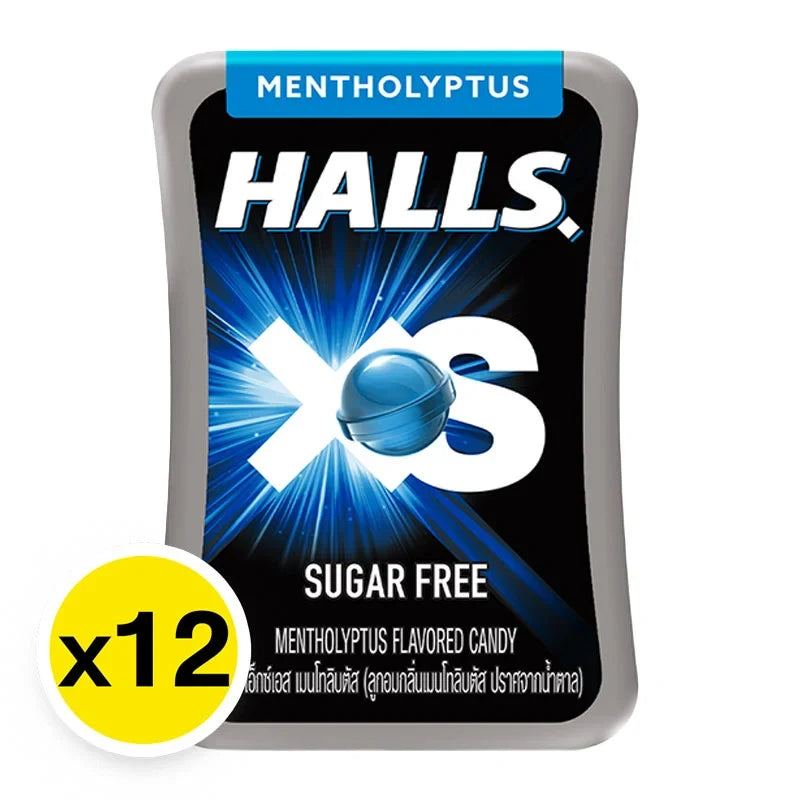 Halls XS Mentho-Lyptus lozenges in 12g packet, HALLS brand dry grocery snack with menthol and eucalyptus flavor.