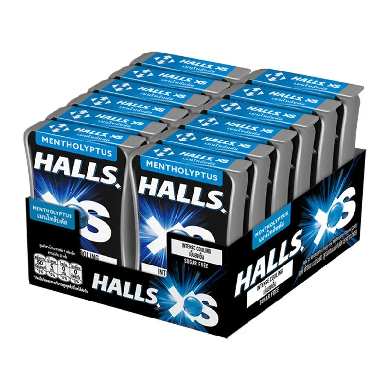 Halls XS Mentho-Lyptus lozenges in a clear bag, showing small, individually wrapped candies with menthol and eucalyptus flavor.
