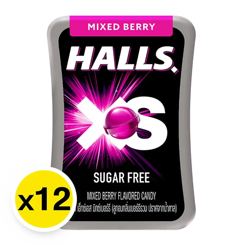 Halls XS Mixed Berry lozenges in 12g packs, small dry grocery snack, featuring berry-flavored candies from Halls.