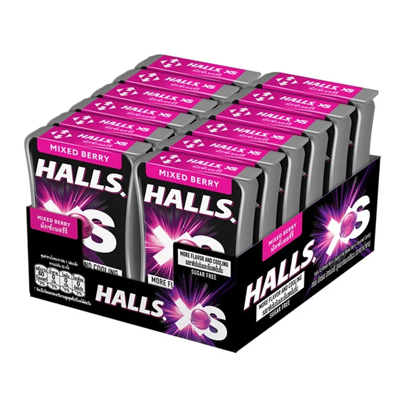 Halls XS Mixed Berry lozenges in 12g pack, dry grocery snack with berry flavor, displayed in the image.
