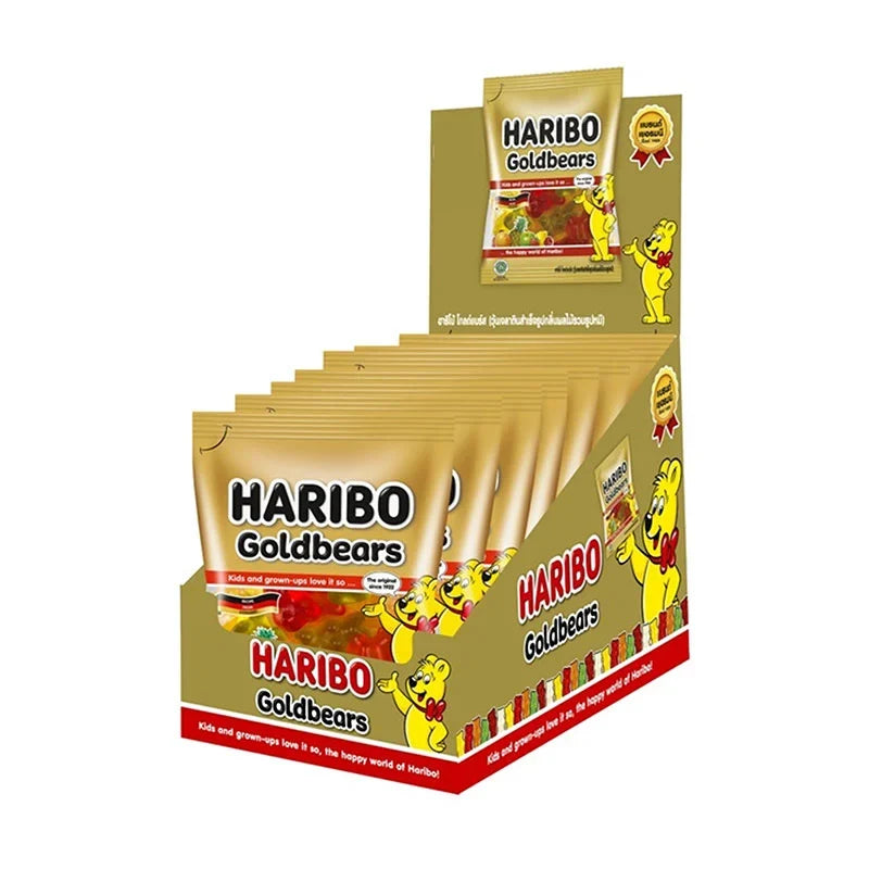 Haribo Gummy Goldbears in 14g packs, colorful gummy bear candies from the HARIBO snack confectionery collection.