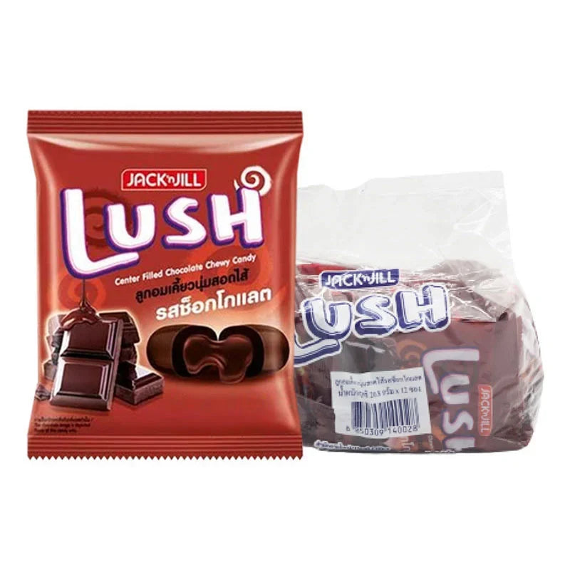 LUSH Center Filled Chocolate Chewy Candy, 20.8g, showing the packaged chewy confectionery with chocolate exterior and filling inside.