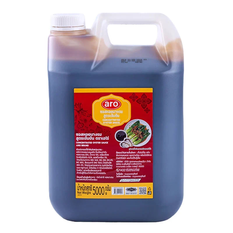 Aro concentrated oyster sauce 5kg jar, ideal for dry grocery, showing the dark, thick sauce in a clear container.