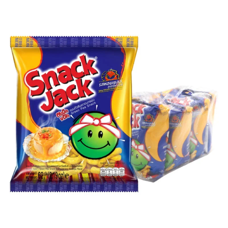SNACKJACK Green Pea Snack with Spicy Volcano Scallops flavor in 62g packs, dry grocery snack for crunchy, spicy snack lovers.