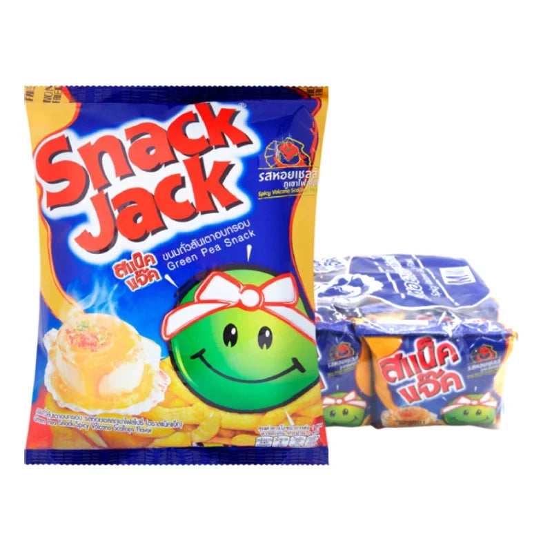 Snack Jack Green Pea Spicy Volcano Scallops flavor snack in 15g packs, crispy dry grocery snack from Snack Jack.
