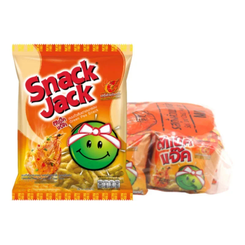 Snack Jack Green Pea Salt Chilli Prawn snack in 15g packs, dry grocery snack with green peas, salt, chili, and prawn flavor.