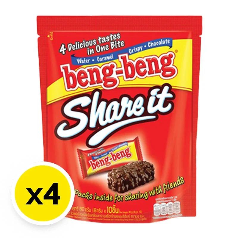 Beng Beng Beng Wafer Share 80g pack, crispy chocolate-filled snack from BENG BENG, shown in a four-pack bundle.