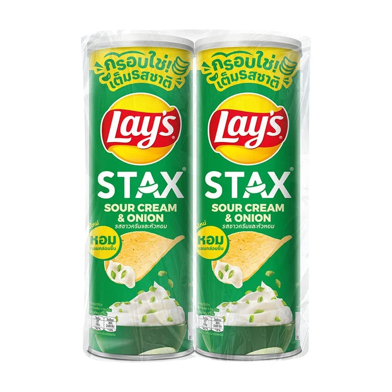 Lay's Stax Sour Cream & Onion Potato Chips in 103g packs, featuring crispy, stacked snack chips with creamy onion flavor.