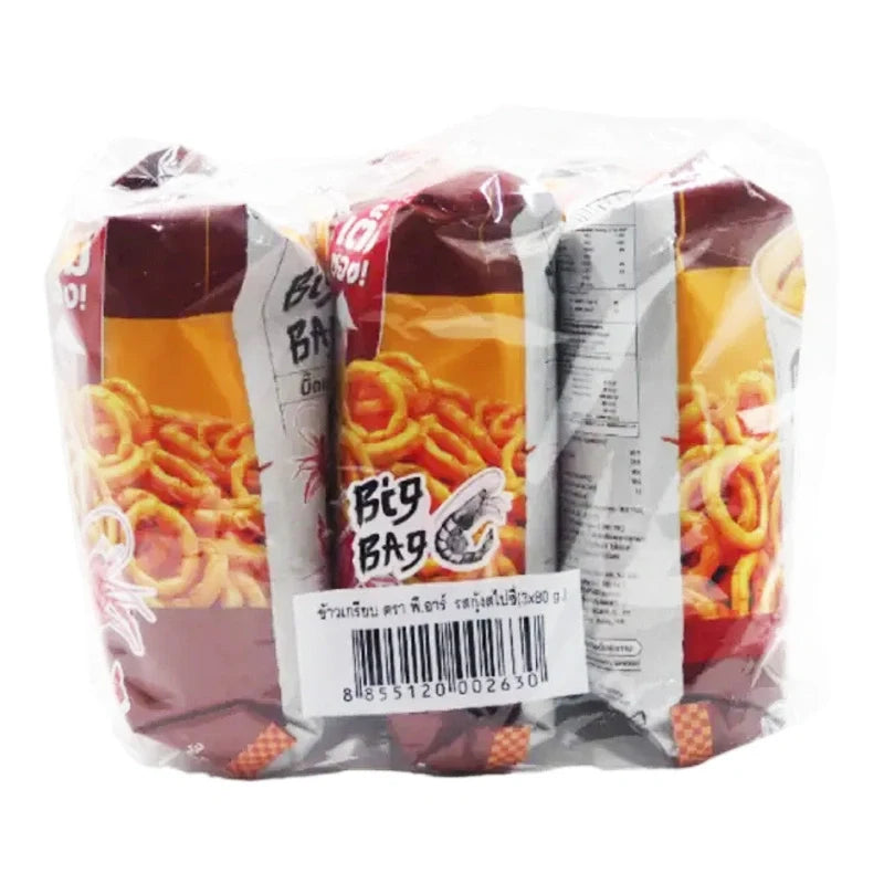 PR Rice Cracker Shrimp Spicy snacks in three 80g packs, featuring crunchy rice crackers with a spicy shrimp flavor.
