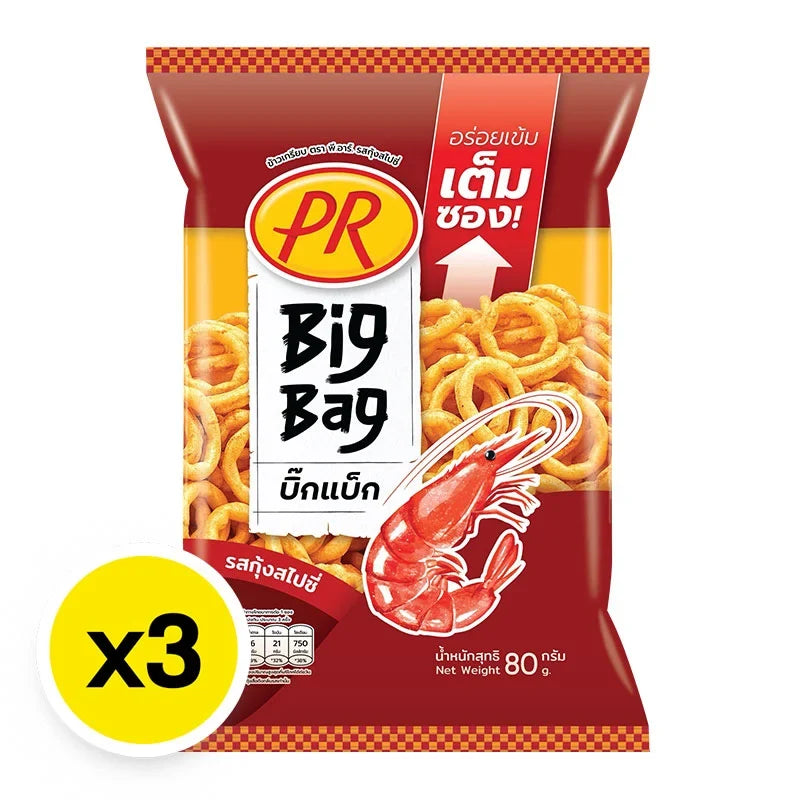 PR Rice Cracker Shrimp Spicy snack pack, 80g x3, dry grocery, crunchy seafood-flavored snack from PR brand