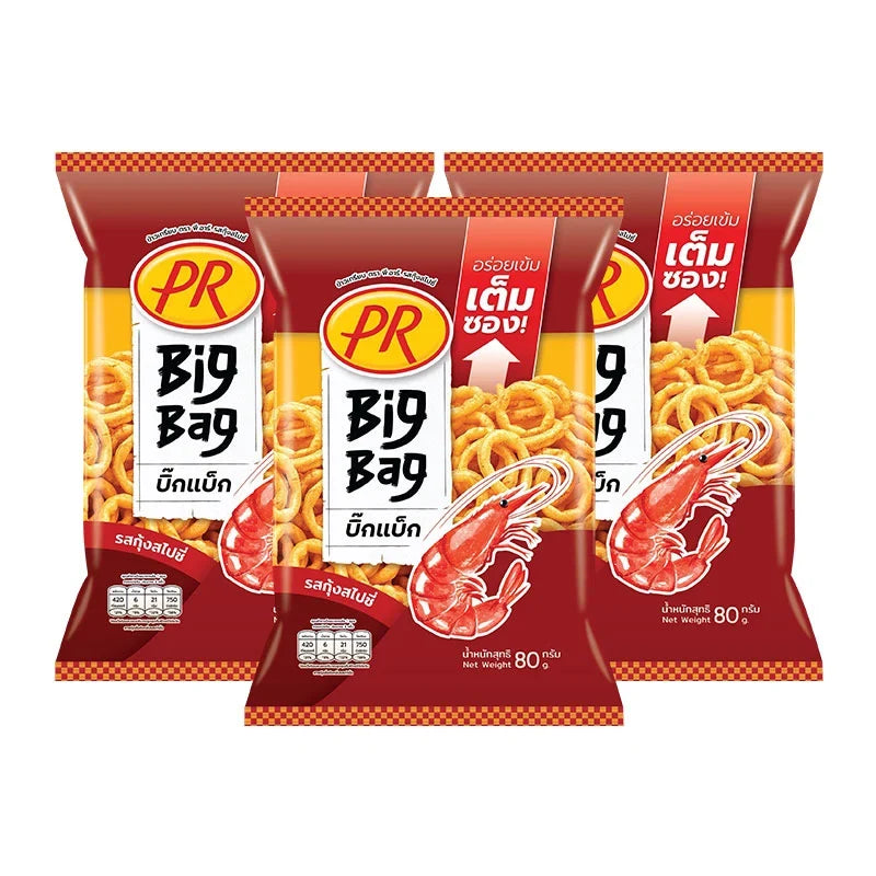 PR Rice Cracker Shrimp Spicy snack pack, crispy rice crackers with shrimp flavor, 80g x3, ideal for dry grocery and snack lovers.