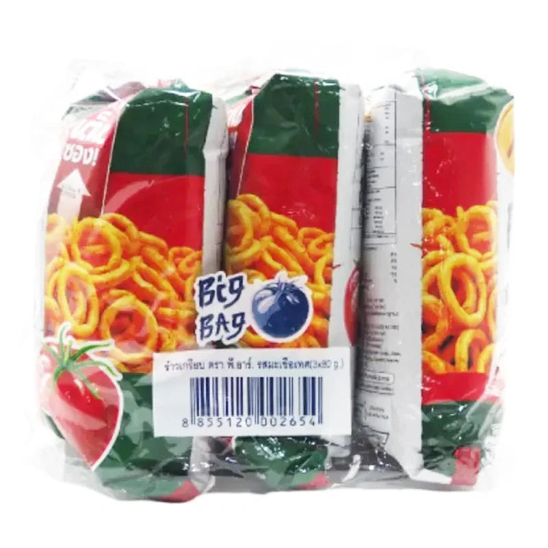 PR Rice Cracker Tomato snack pack, 80g x 3, dry grocery snack with crispy rice crackers flavored with tomato.
