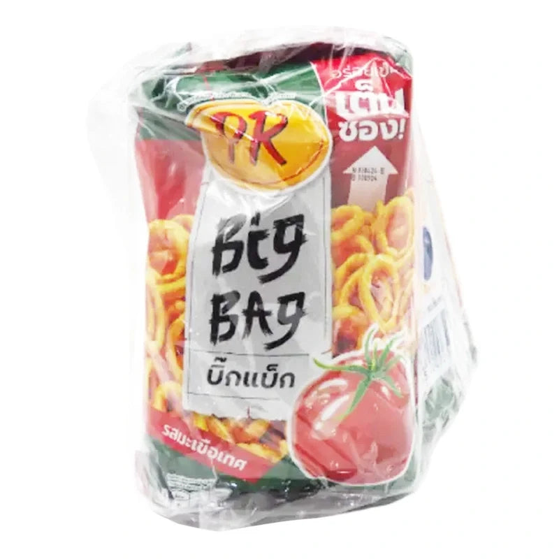 PR Rice Cracker Tomato snack, 80g pack, displayed in a clear bag with crispy rice crackers and tomato flavor seasoning.