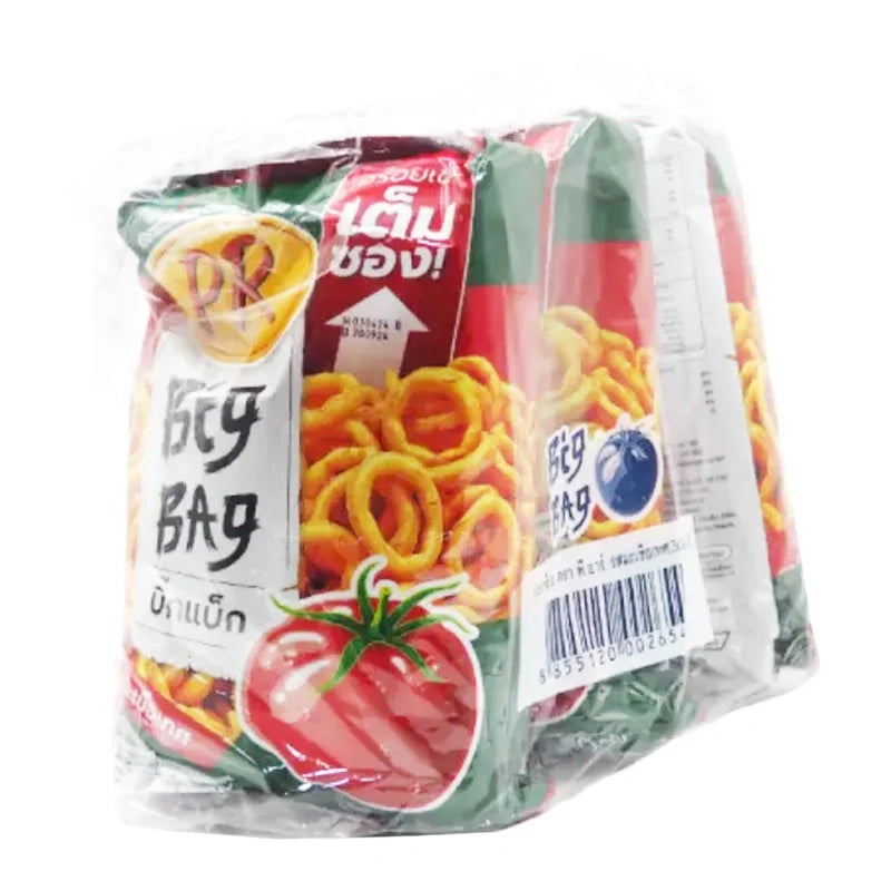 PR Rice Cracker Tomato snack pack, three 80g bags of crispy rice crackers with tomato flavor, in a dry grocery and snack packaging.