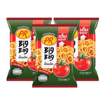 PR Rice Cracker Tomato snack pack, 80g x3, dry grocery snack with crispy rice crackers flavored with tomato.