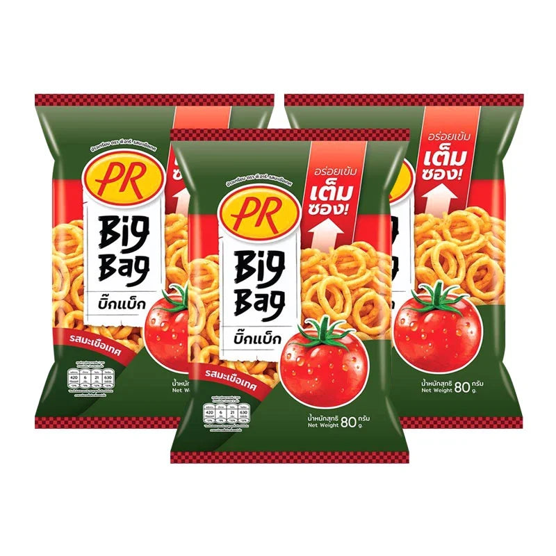 PR Rice Cracker Tomato snack pack, 80g x3, dry grocery snack with crispy rice crackers flavored with tomato.