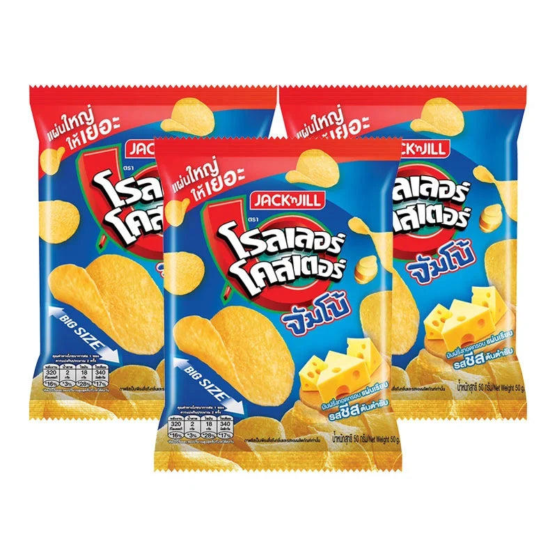 Roller Coaster Jumbo Cheese Flat Chips 50g x3, dry snack pack with crispy cheese-flavored snack chips in a colorful package.