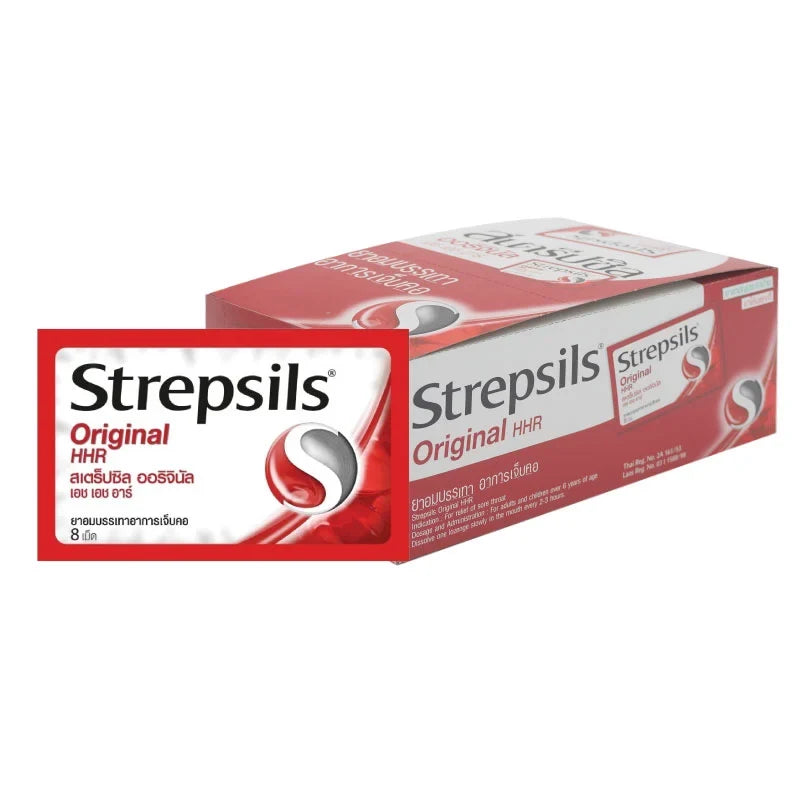 Strepsils Throat Lozenges Original box with 8 tablets, part of dry grocery snacks and confectionery by STREPSILS.