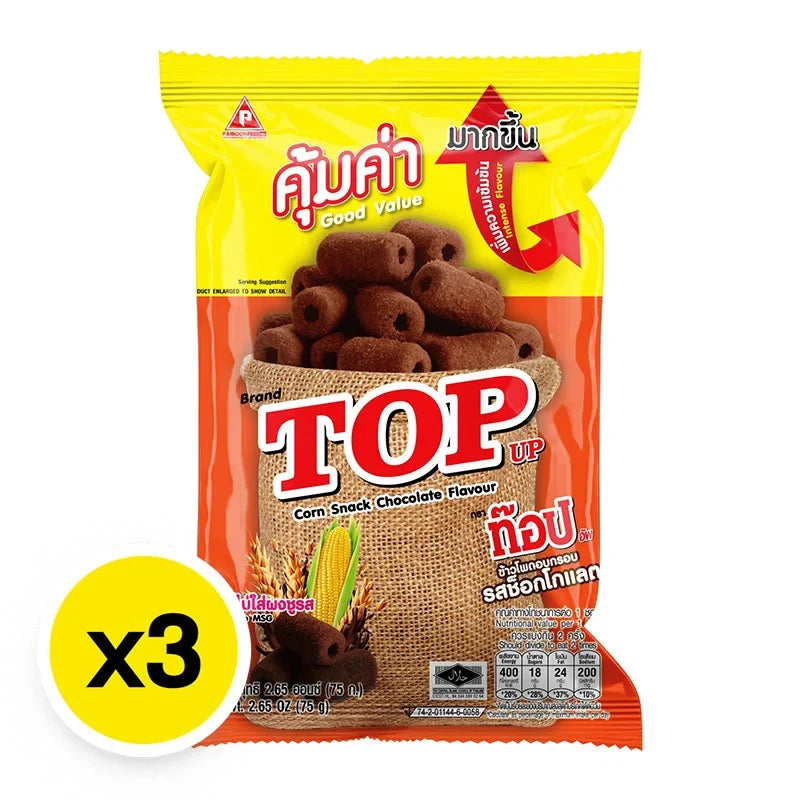 Top Up Corn Snack Chocolate 75g pack, crispy corn snack with chocolate coating, shown in a close-up image.