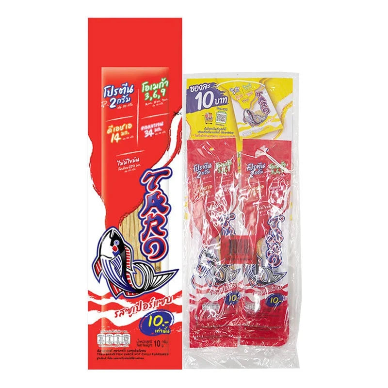 TARO Taro Fish Snack Hot Chili Flavored 10g x6, spicy dried seafood snack in colorful packaging.