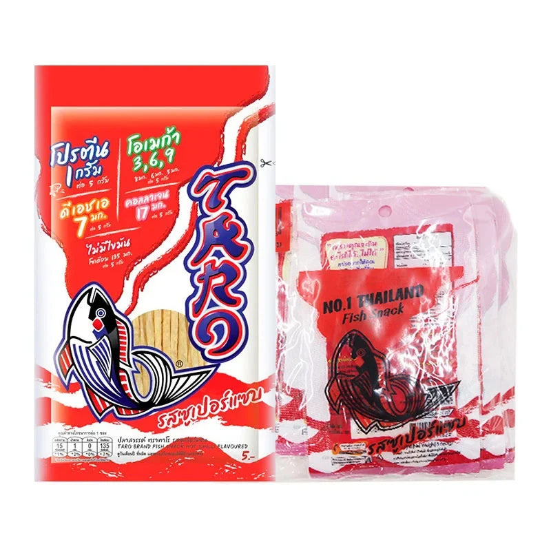 Taro Fish Snack Hot Chili flavored, 5g x12 packs, dry grocery snack with spicy chili flavor, from TARO brand.