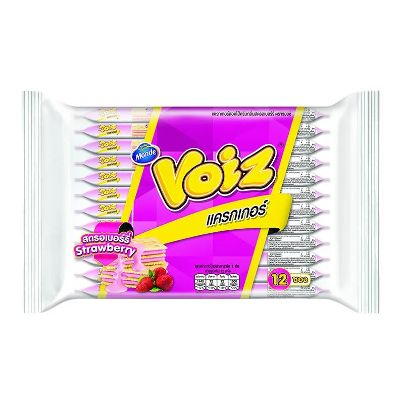 Voiz Cracker Strawberry 24g snack in colorful packaging, dry grocery confectionery with fruity strawberry flavor.