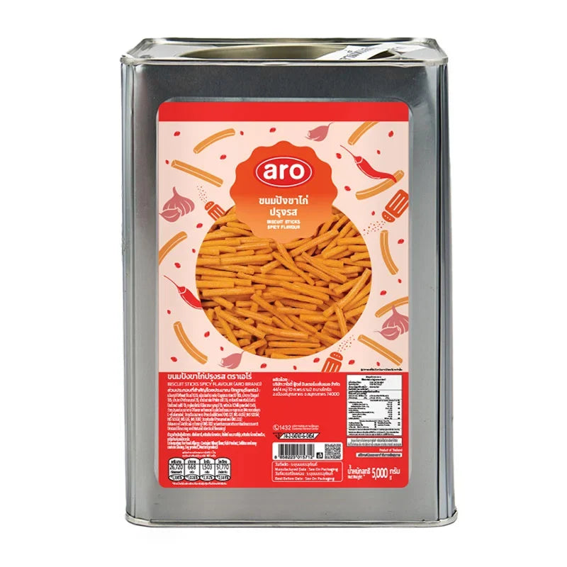 ARO Biscuit Sticks Spicy in 5kg pack, crispy snack sticks from ARO, ideal for dry grocery and confectionery snack lovers.