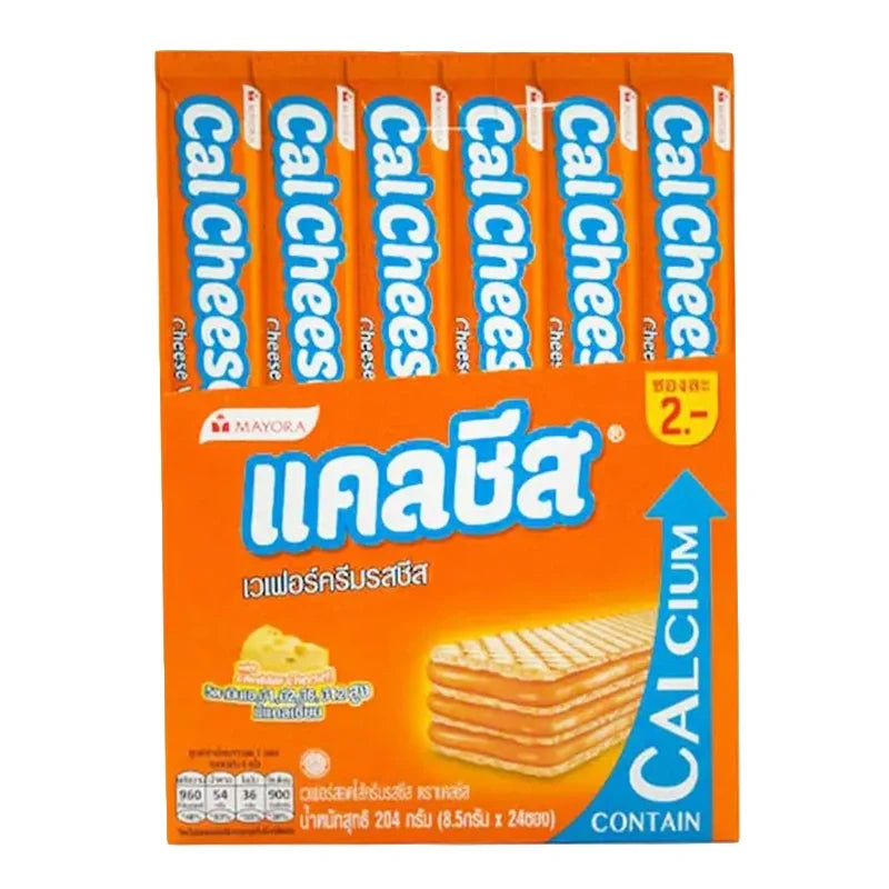 Calcheese wafer snack with cheese cream filling, 8.5g, dry grocery snack from CALCHEESE, showing stacked wafers with creamy filling