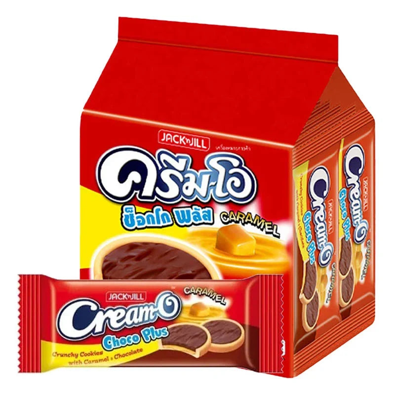 Cream-o Plus Caramel snack in 13g packets, featuring creamy caramel flavor, part of CREAM-O dry grocery snacks and confectionery.