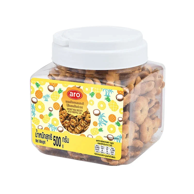ARO Coconut Milk Biscuit with Pineapple Jam, 500g, showing golden biscuits filled with pineapple jam in a clear package.