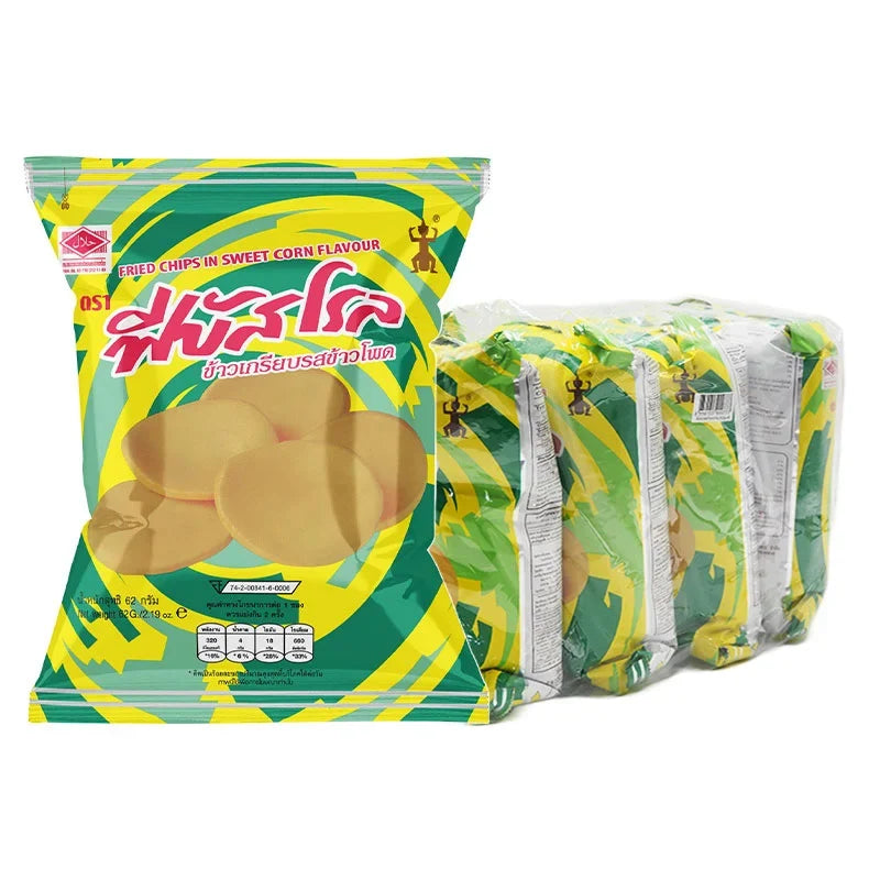 Phaebus Roll Sweet Corn snacks, 62g x4 pack, crispy confectionery treats with sweet corn flavor in colorful packaging.