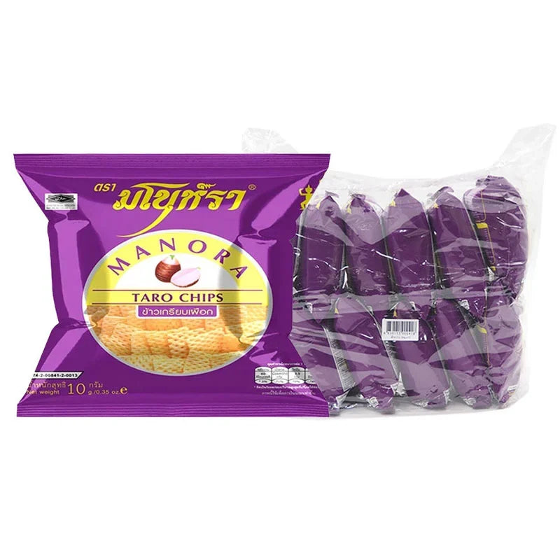 Manora Fried Chips Taro 10g pack, crispy taro snack from MANORA, arranged in a row on a neutral background.