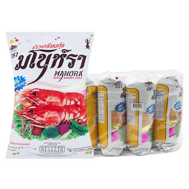Manora Fried Prawn Crackers in 75g packs, crispy snack from MANORA, ideal for dry grocery and confectionery snack options.