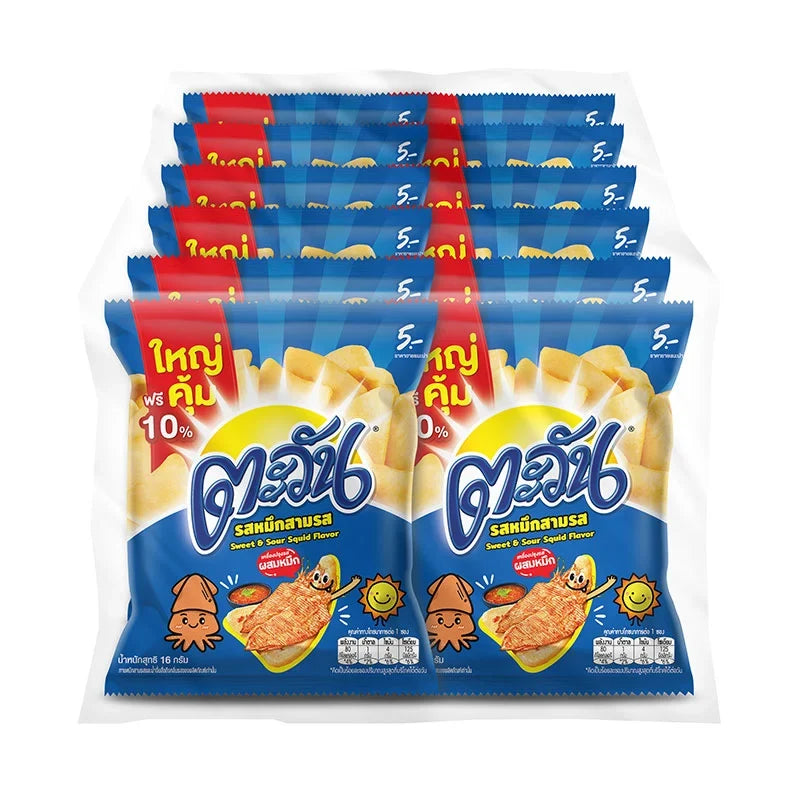 Tawan Tapioca Chips Sweet & Sour Squid flavor in 16g snack packs, crispy dry grocery snack with vibrant packaging.