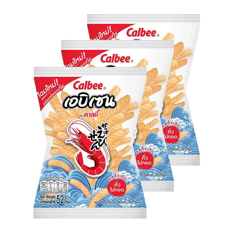 Calbee Ebisen prawn crackers in original flavor, 52g pack, shown in a transparent bag with crispy, seasoned prawn snacks inside.