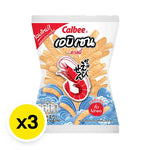 Calbee Ebisen prawn crackers in original flavor, 52g packs, crispy seafood snacks in a colorful bowl.