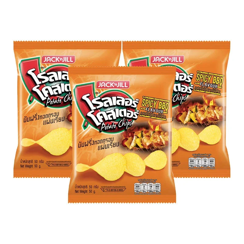 Roller Coaster BBQ flavor potato chips in a 50g bag, displayed in a pack of three, crispy snack from the dry grocery section.