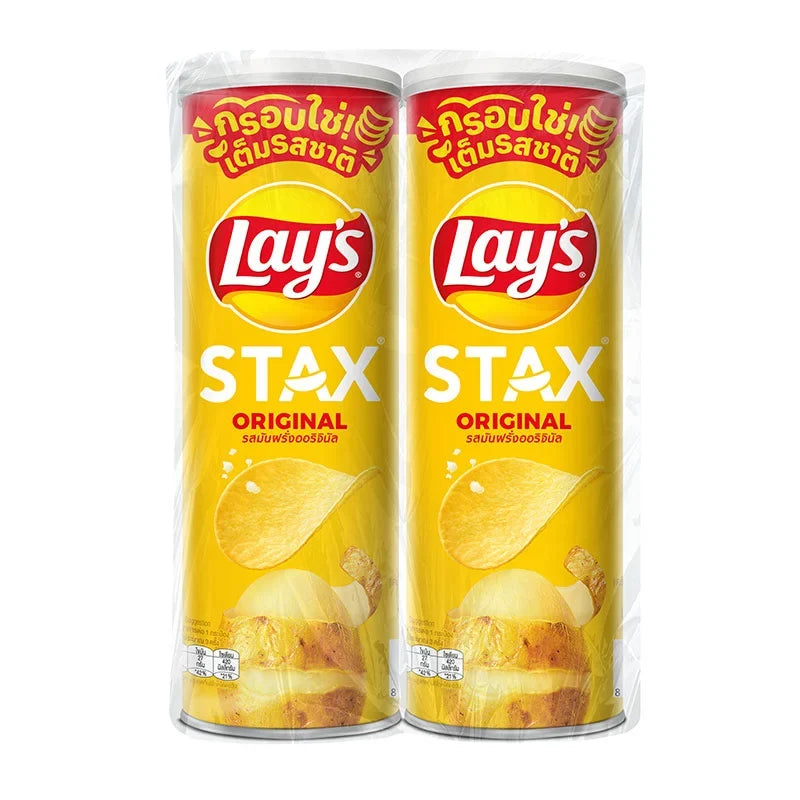 Lay's Stax Potato Chips 105g snack pack, crispy layered potato chips in a colorful bag for dry grocery and snack enjoyment.